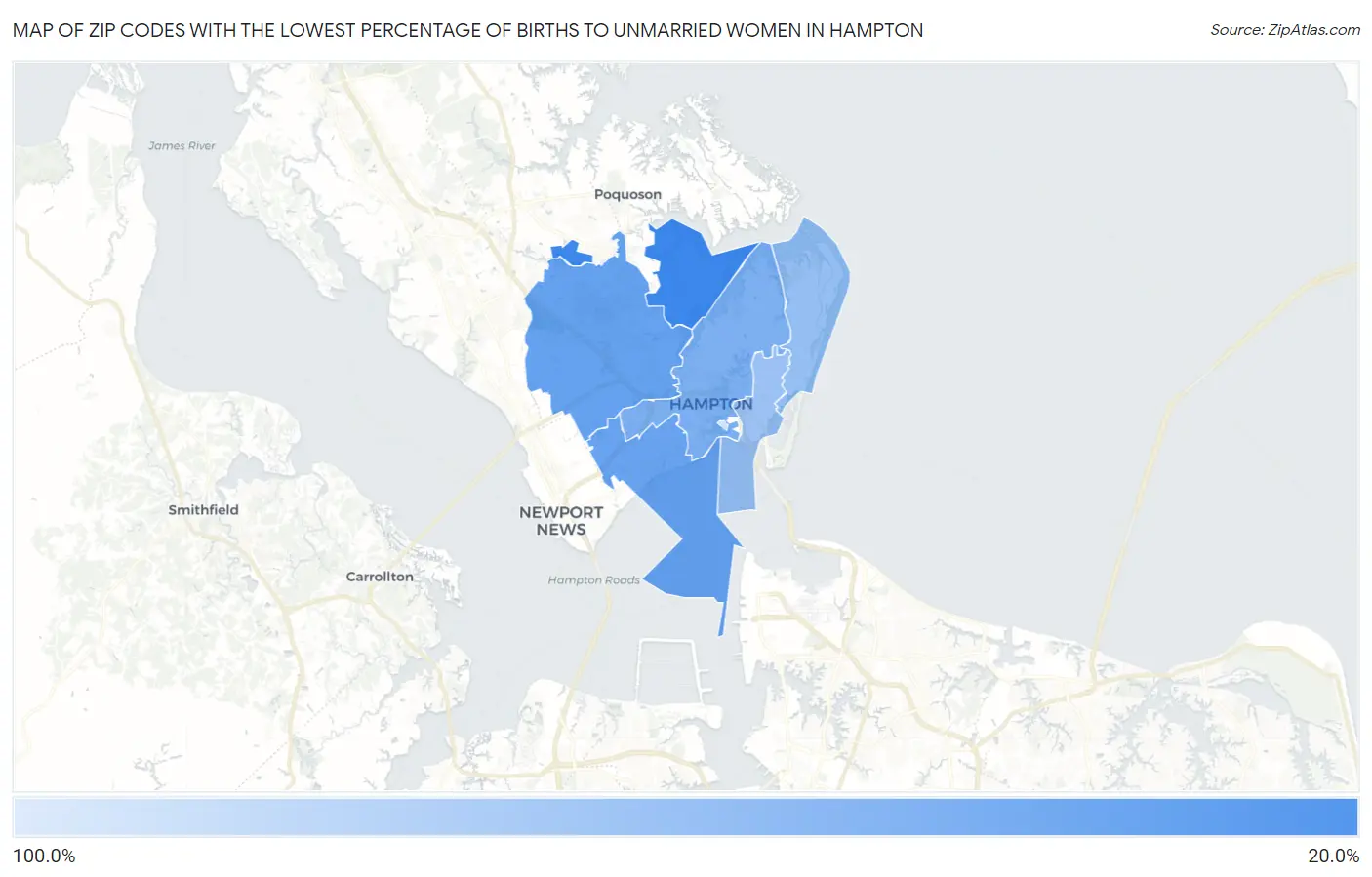 Zip Codes with the Lowest Percentage of Births to Unmarried Women in Hampton Map