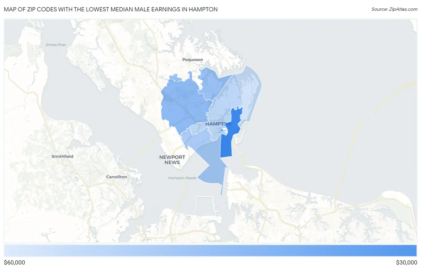 Zip Codes with the Lowest Median Male Earnings in Hampton Map