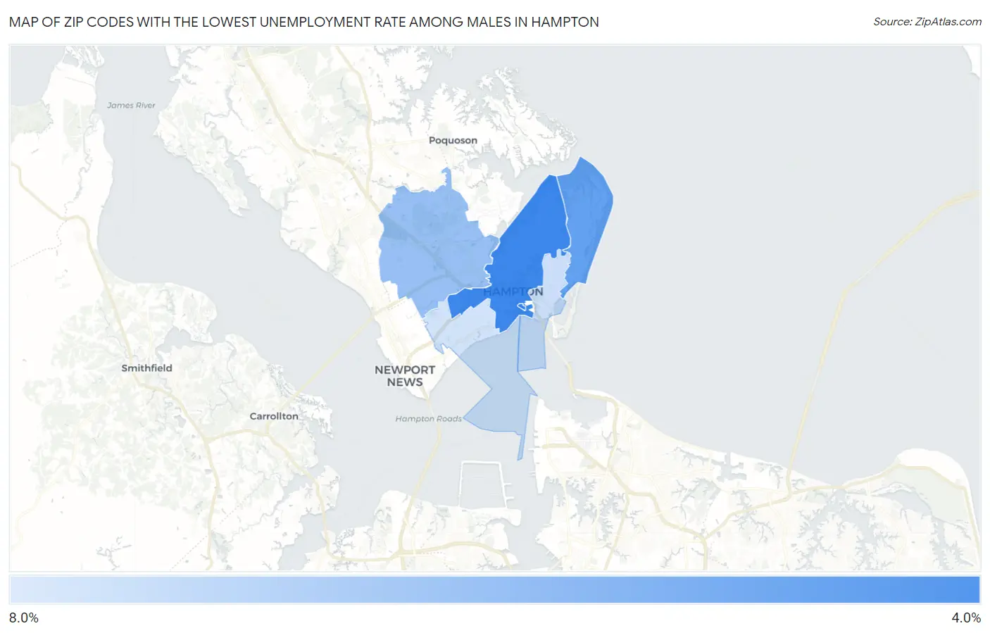 Zip Codes with the Lowest Unemployment Rate Among Males in Hampton Map