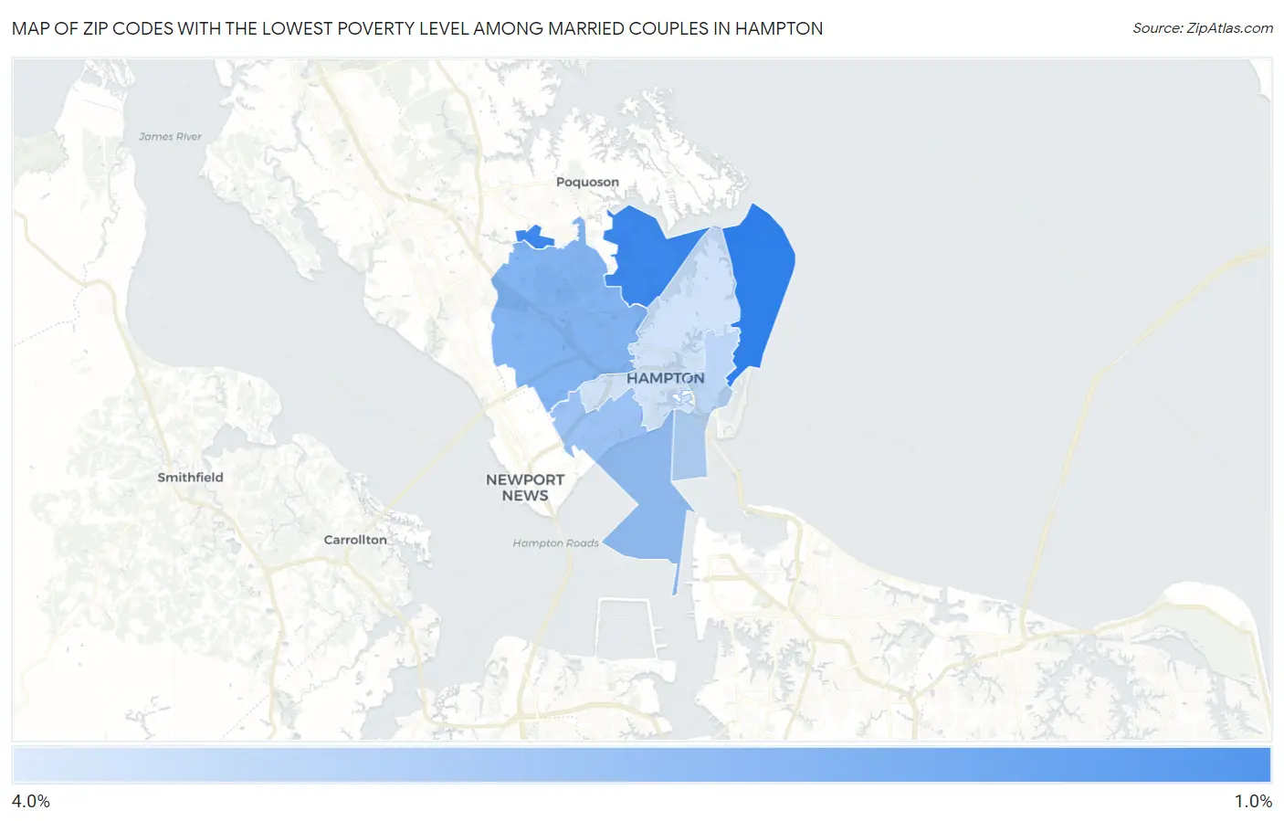 Zip Codes with the Lowest Poverty Level Among Married Couples in Hampton Map