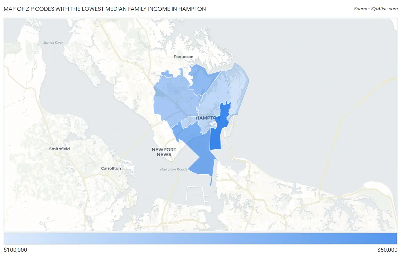 Zip Codes with the Lowest Median Family Income in Hampton Map