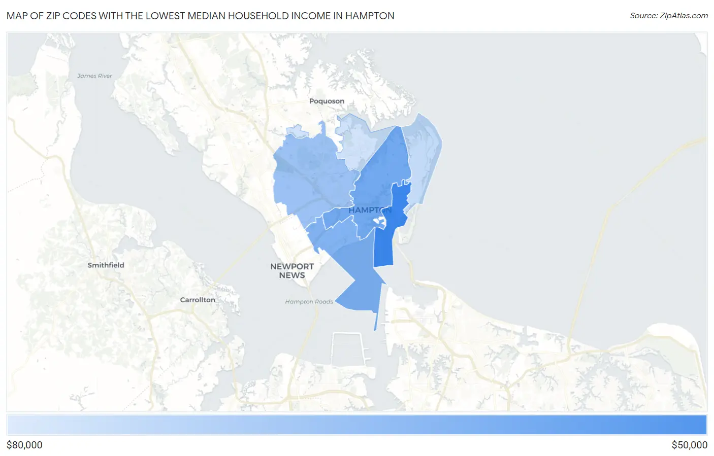 Zip Codes with the Lowest Median Household Income in Hampton Map