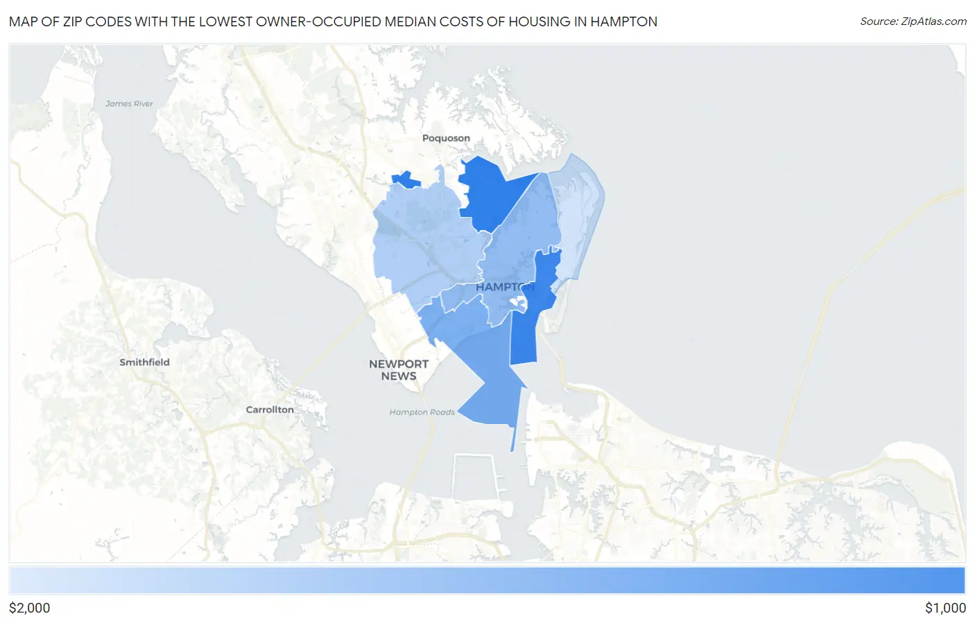 Zip Codes with the Lowest Owner-Occupied Median Costs of Housing in Hampton Map