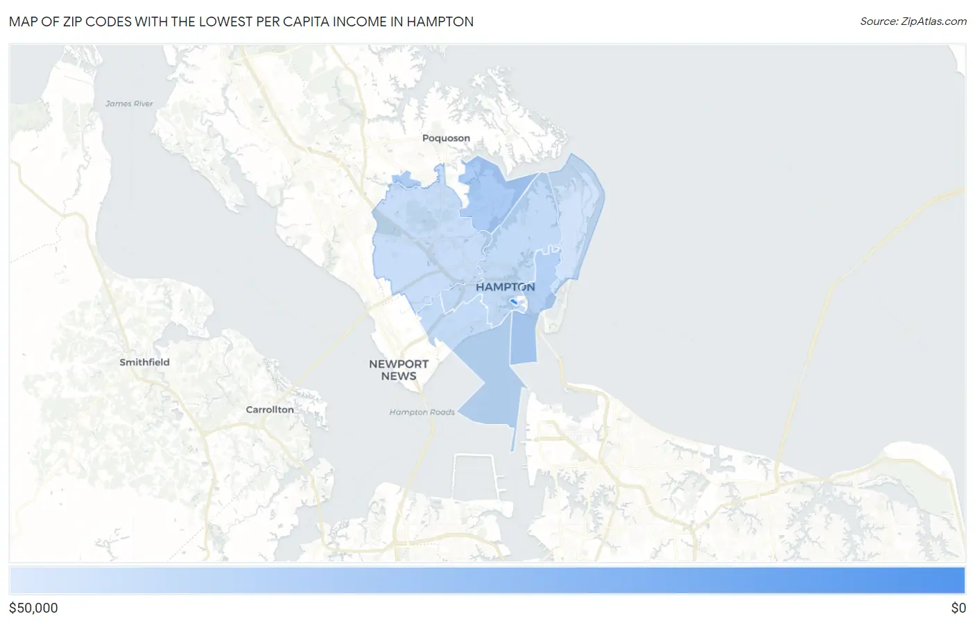 Zip Codes with the Lowest Per Capita Income in Hampton Map