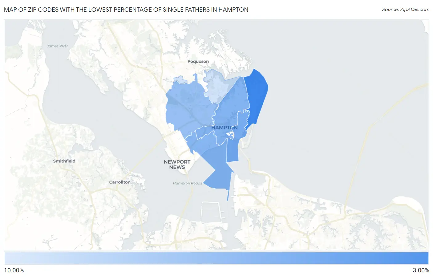 Zip Codes with the Lowest Percentage of Single Fathers in Hampton Map