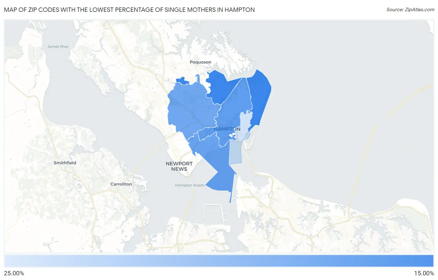 Zip Codes with the Lowest Percentage of Single Mothers in Hampton Map