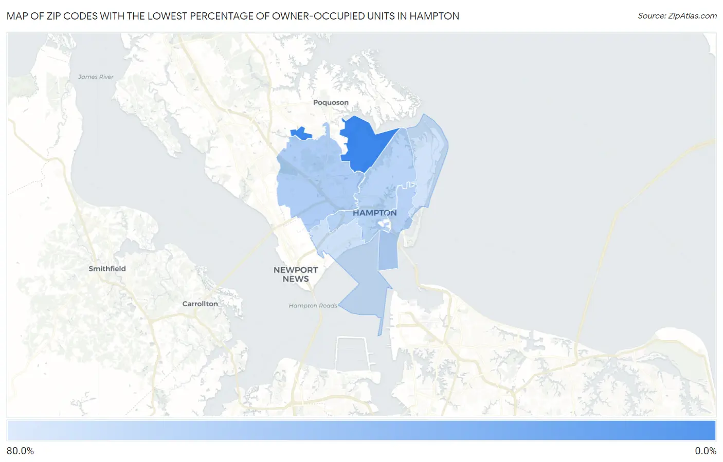 Zip Codes with the Lowest Percentage of Owner-Occupied Units in Hampton Map