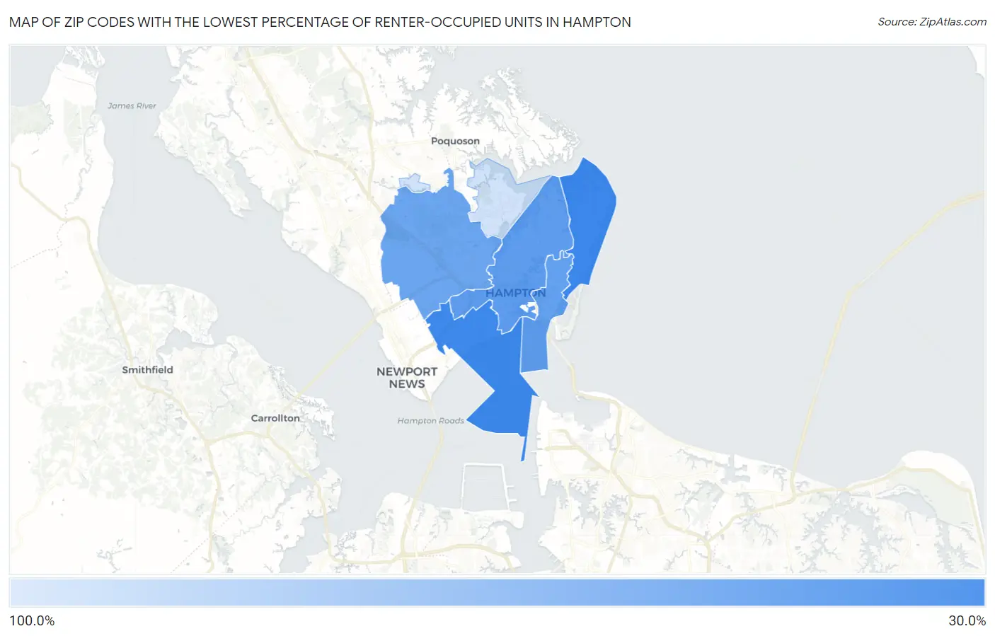 Zip Codes with the Lowest Percentage of Renter-Occupied Units in Hampton Map