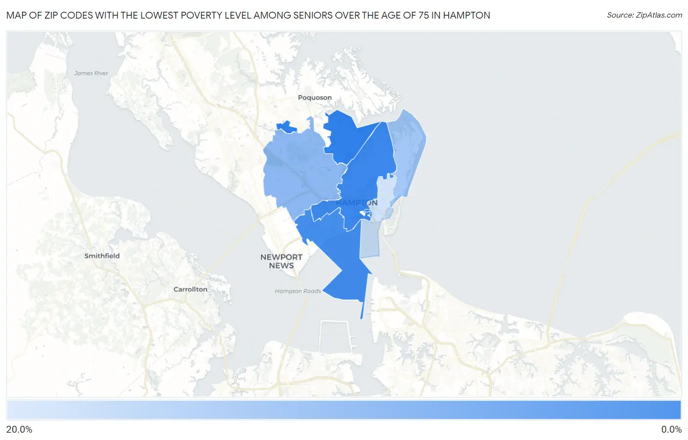 Zip Codes with the Lowest Poverty Level Among Seniors Over the Age of 75 in Hampton Map