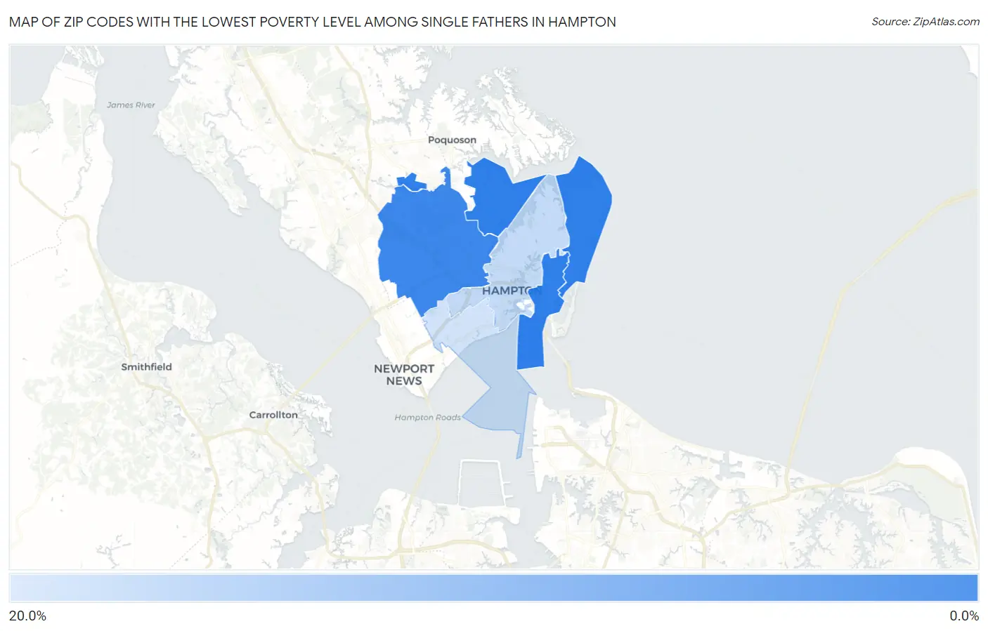 Zip Codes with the Lowest Poverty Level Among Single Fathers in Hampton Map