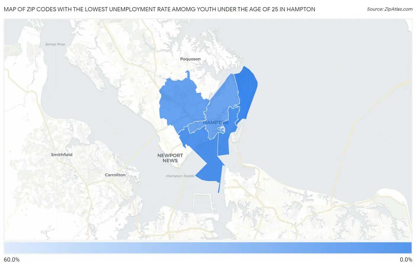 Zip Codes with the Lowest Unemployment Rate Amomg Youth Under the Age of 25 in Hampton Map