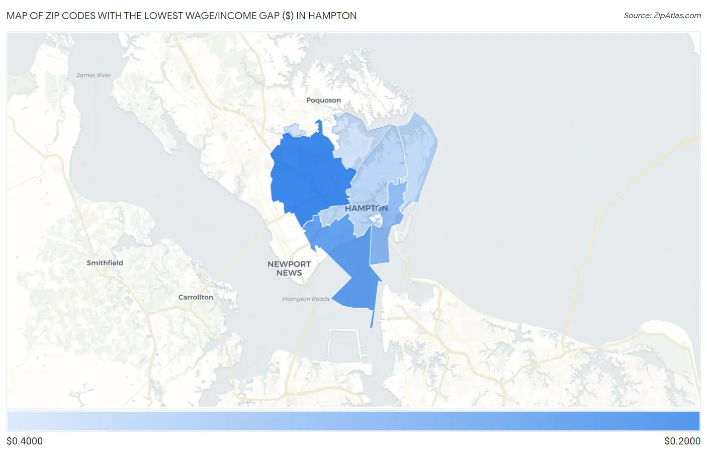 Zip Codes with the Lowest Wage/Income Gap ($) in Hampton Map
