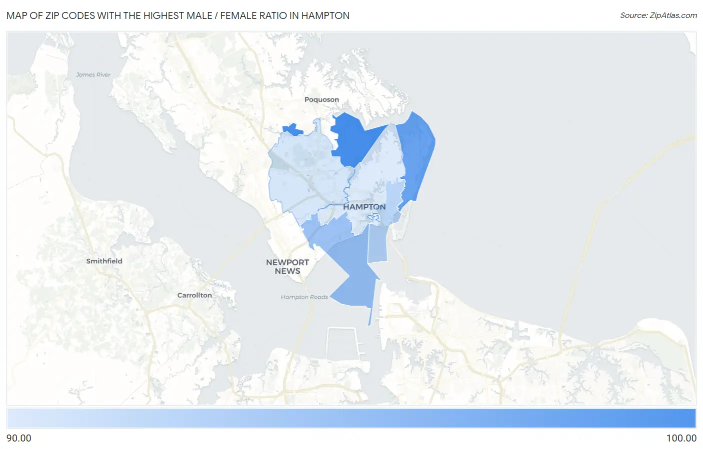 Zip Codes with the Highest Male / Female Ratio in Hampton Map