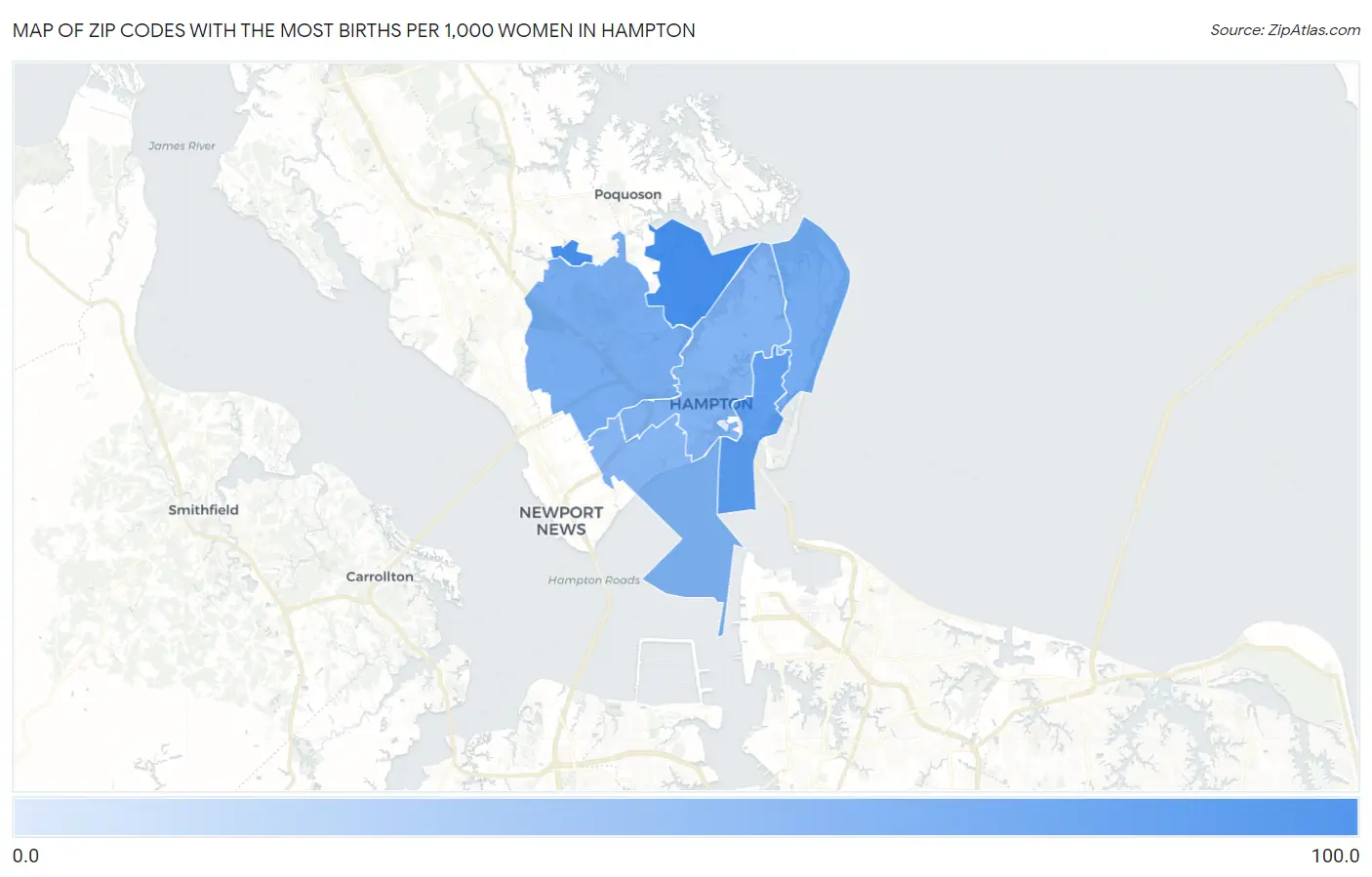 Zip Codes with the Most Births per 1,000 Women in Hampton Map