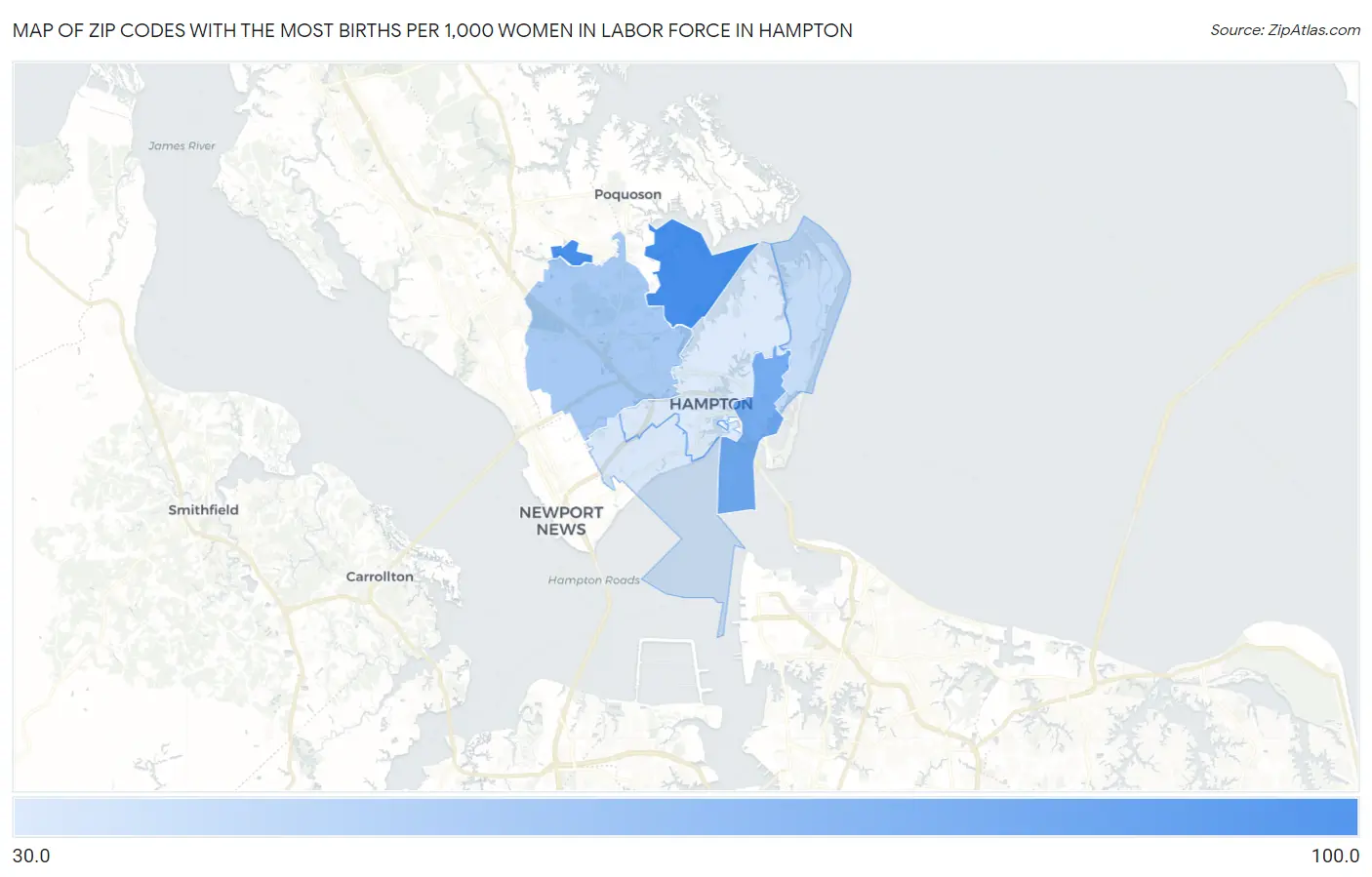 Zip Codes with the Most Births per 1,000 Women in Labor Force in Hampton Map