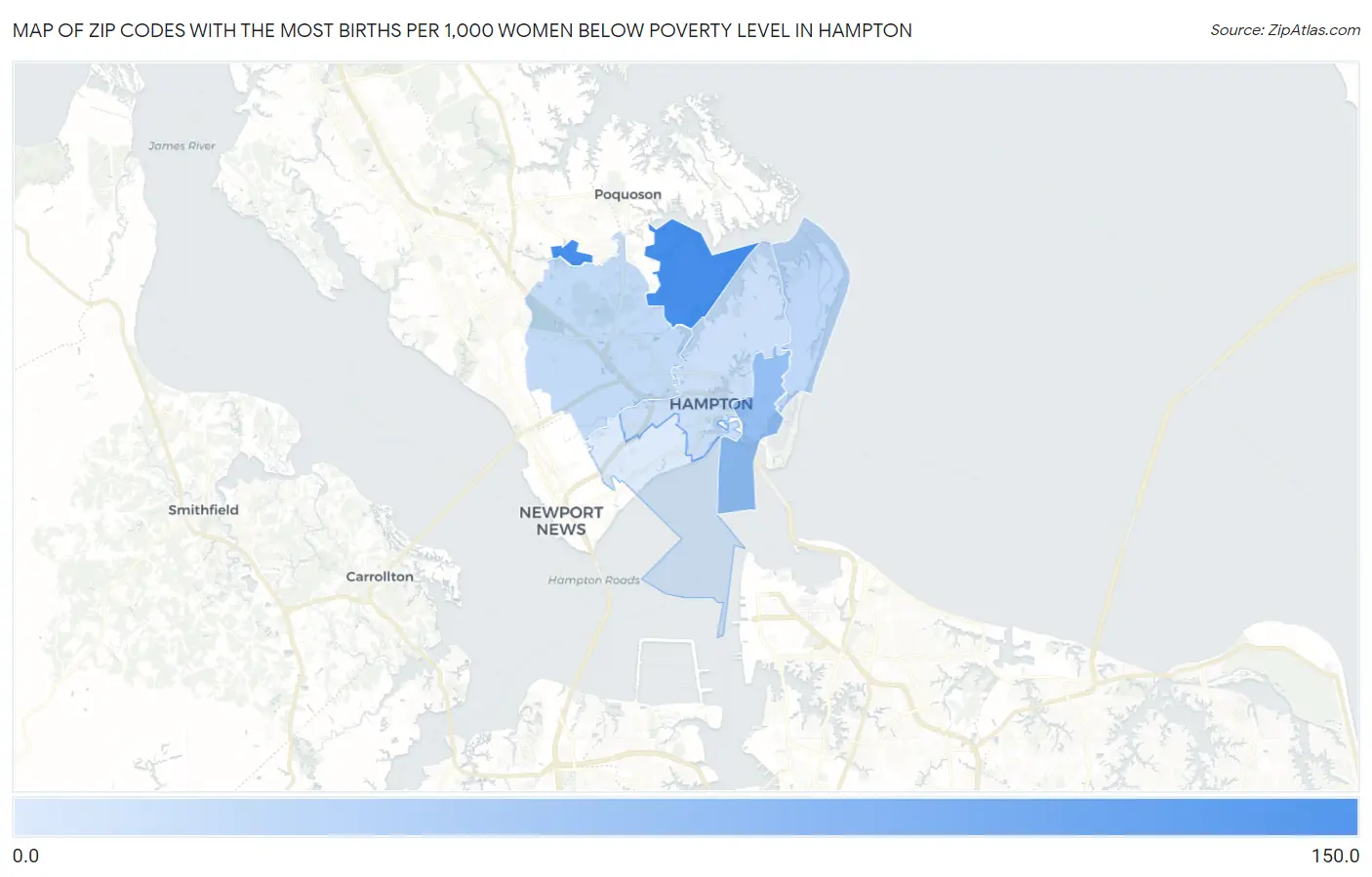 Zip Codes with the Most Births per 1,000 Women Below Poverty Level in Hampton Map