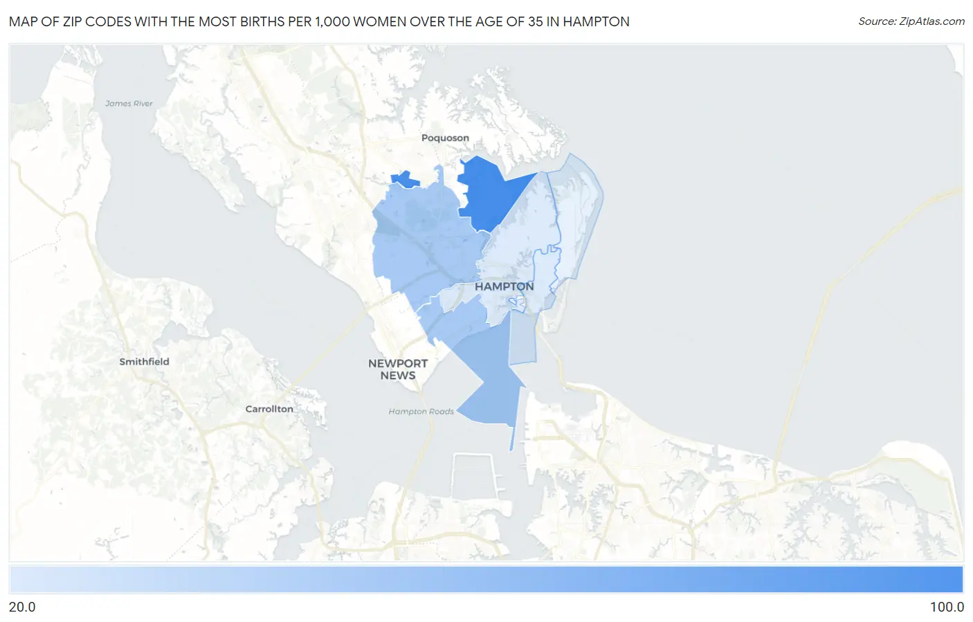 Zip Codes with the Most Births per 1,000 Women Over the Age of 35 in Hampton Map