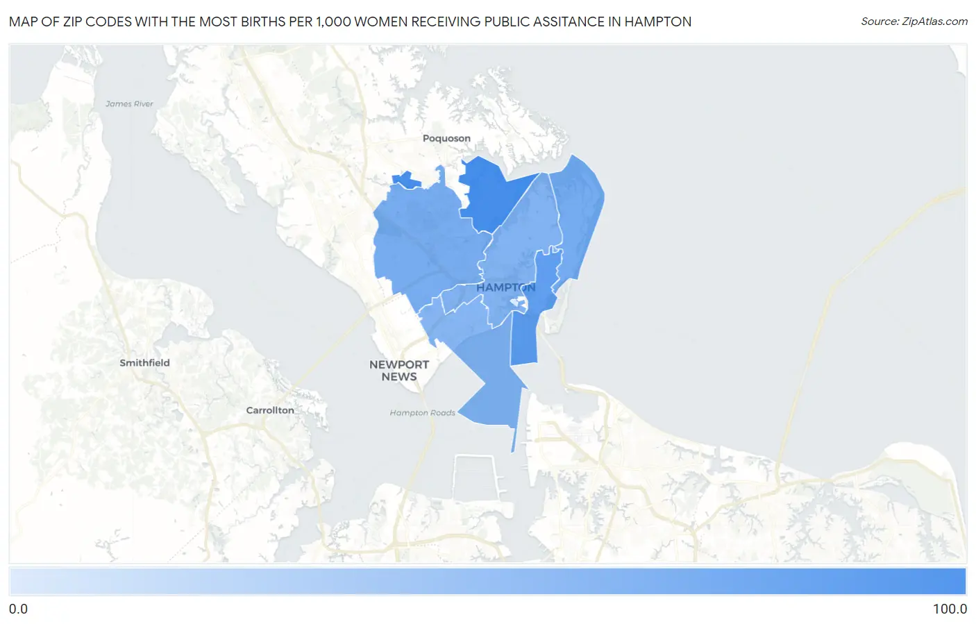 Zip Codes with the Most Births per 1,000 Women Receiving Public Assitance in Hampton Map