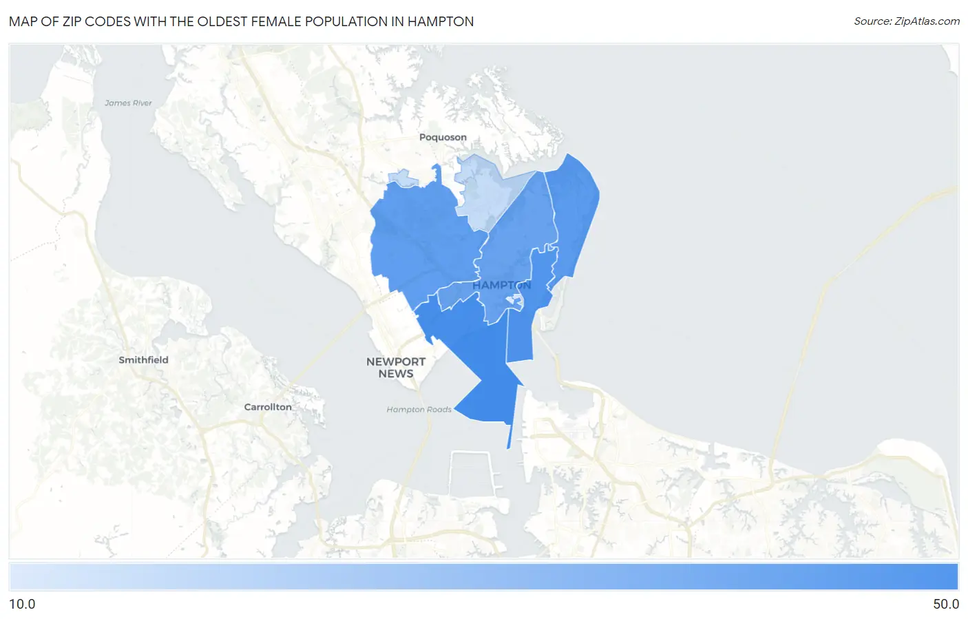 Zip Codes with the Oldest Female Population in Hampton Map