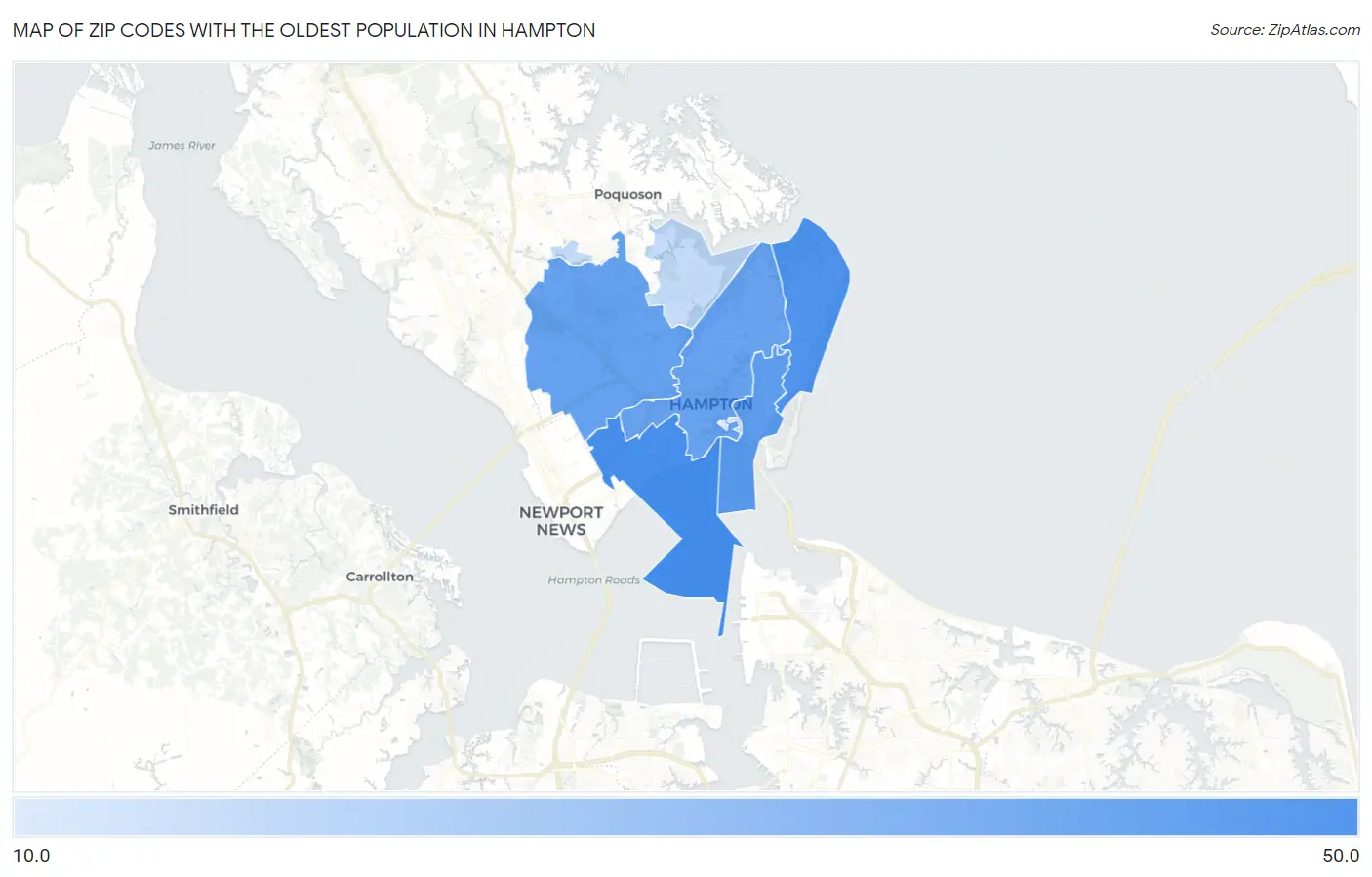 Zip Codes with the Oldest Population in Hampton Map