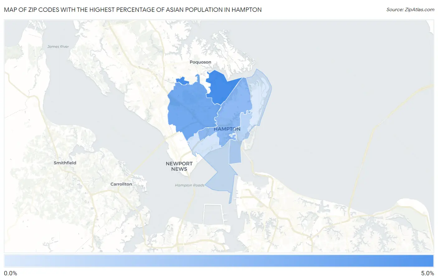 Zip Codes with the Highest Percentage of Asian Population in Hampton Map