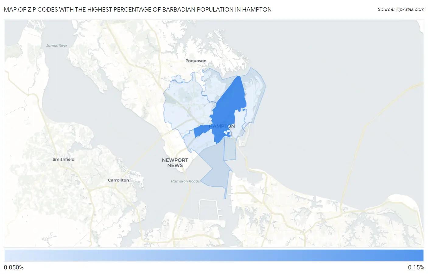 Zip Codes with the Highest Percentage of Barbadian Population in Hampton Map