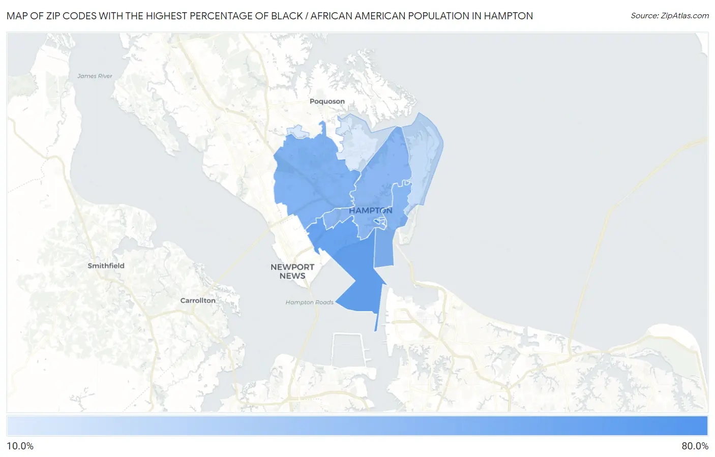 Zip Codes with the Highest Percentage of Black / African American Population in Hampton Map