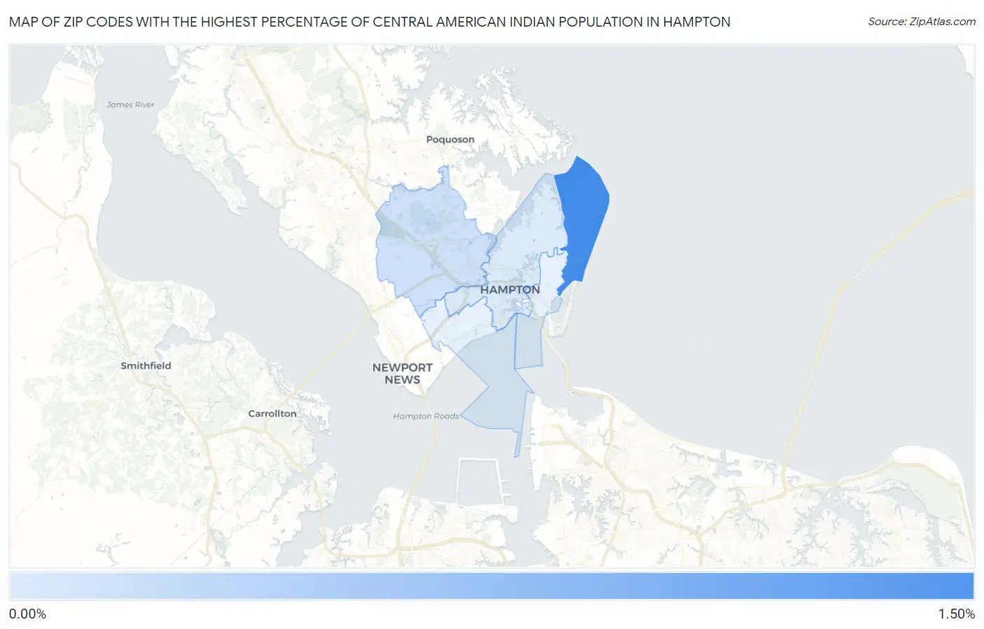 Zip Codes with the Highest Percentage of Central American Indian Population in Hampton Map