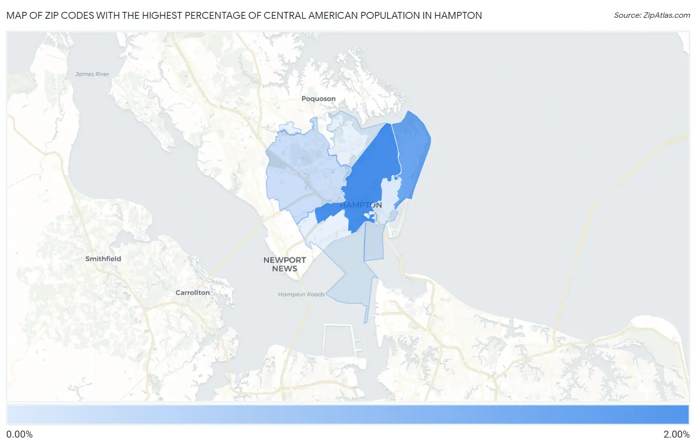 Zip Codes with the Highest Percentage of Central American Population in Hampton Map