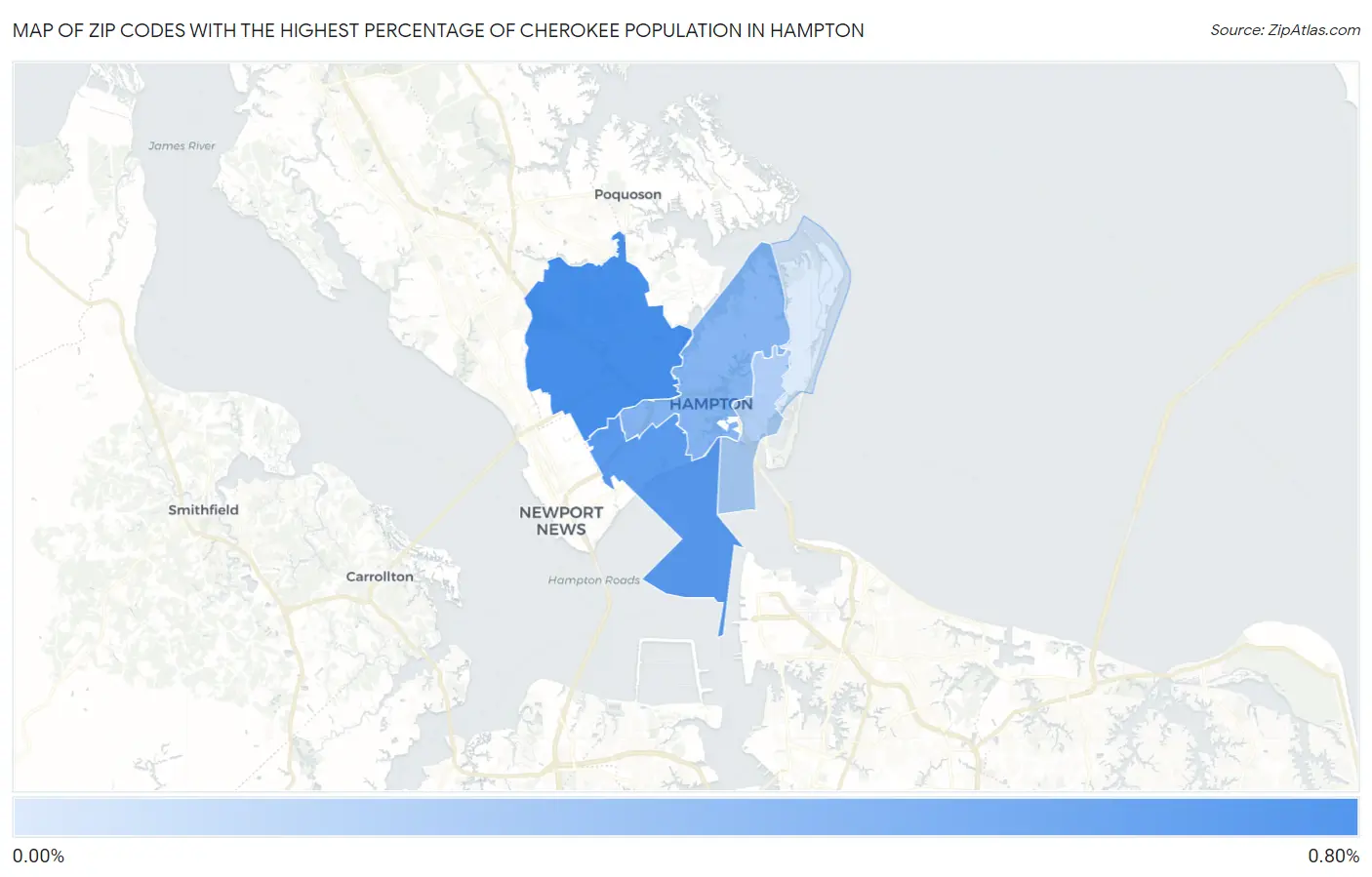 Zip Codes with the Highest Percentage of Cherokee Population in Hampton Map
