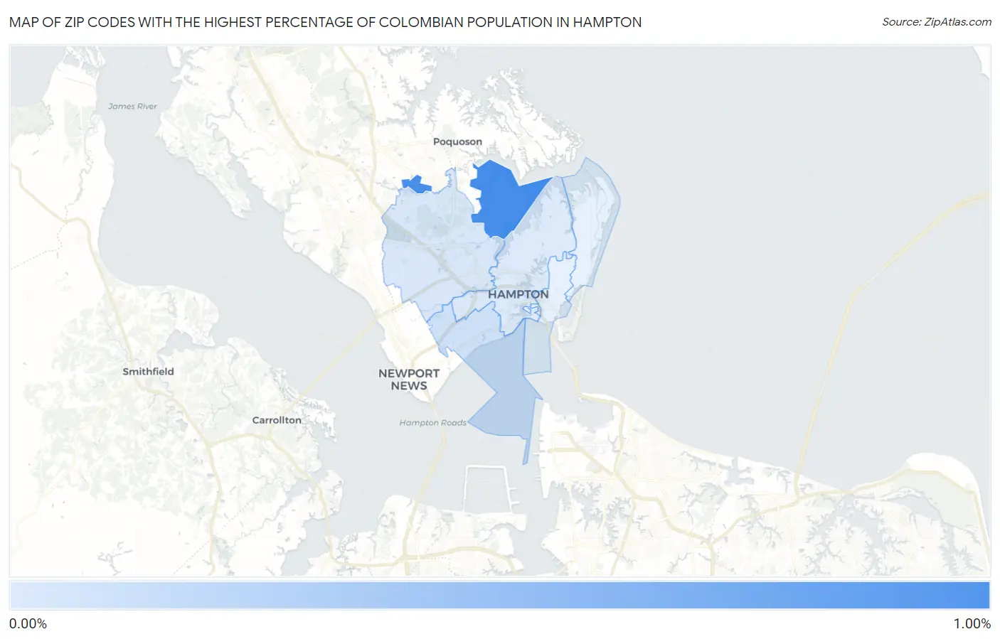 Zip Codes with the Highest Percentage of Colombian Population in Hampton Map