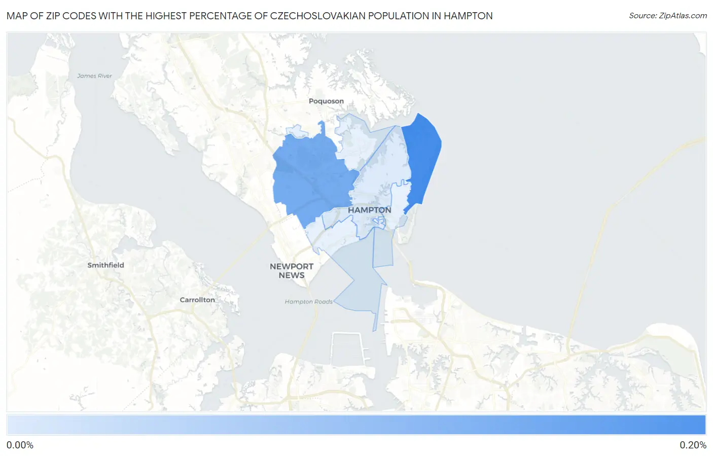 Zip Codes with the Highest Percentage of Czechoslovakian Population in Hampton Map