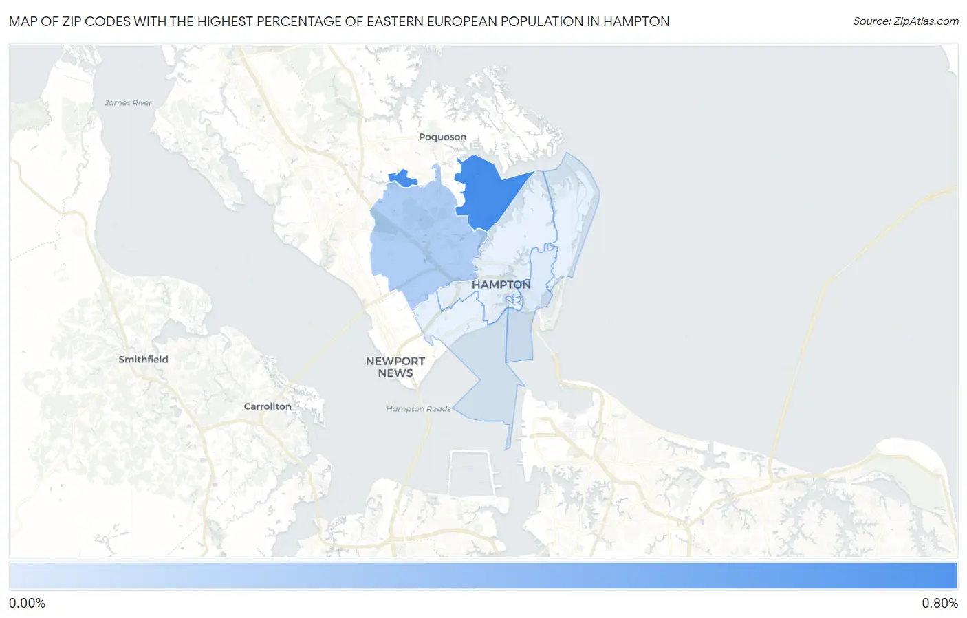 Zip Codes with the Highest Percentage of Eastern European Population in Hampton Map