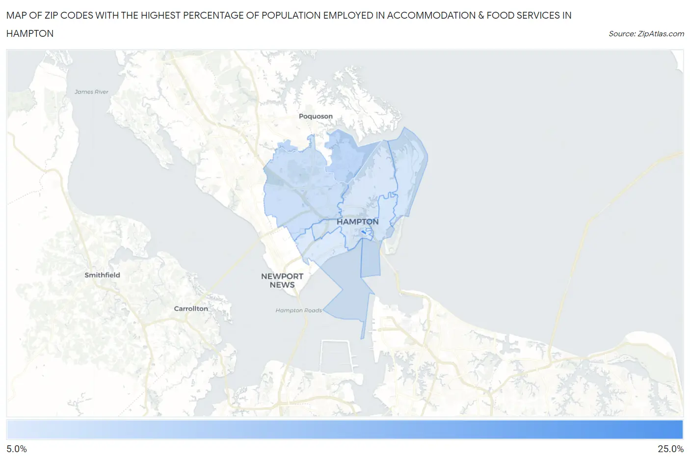 Zip Codes with the Highest Percentage of Population Employed in Accommodation & Food Services in Hampton Map