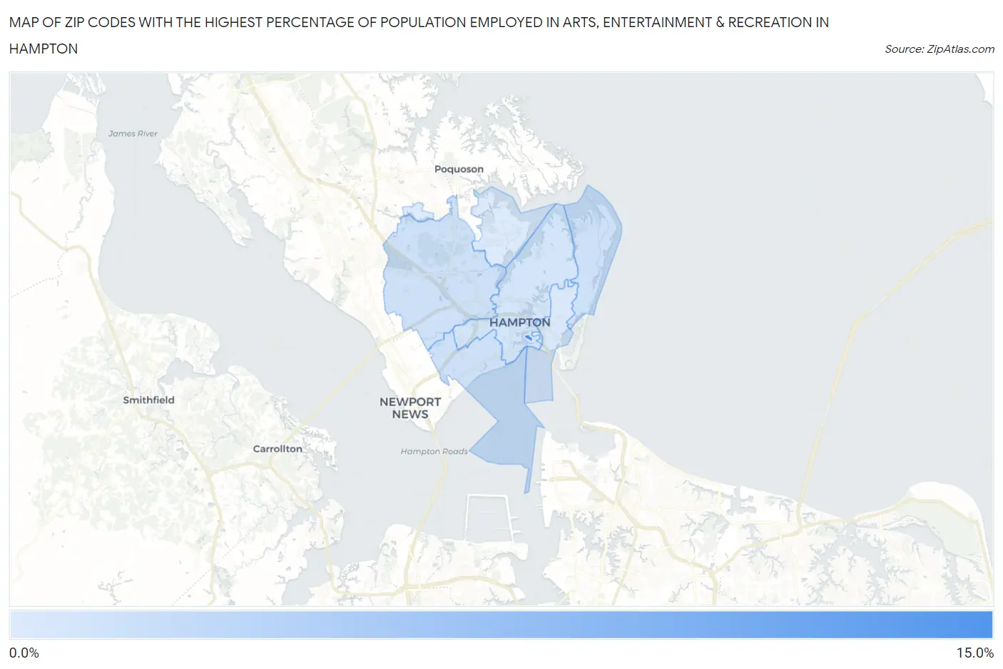 Zip Codes with the Highest Percentage of Population Employed in Arts, Entertainment & Recreation in Hampton Map