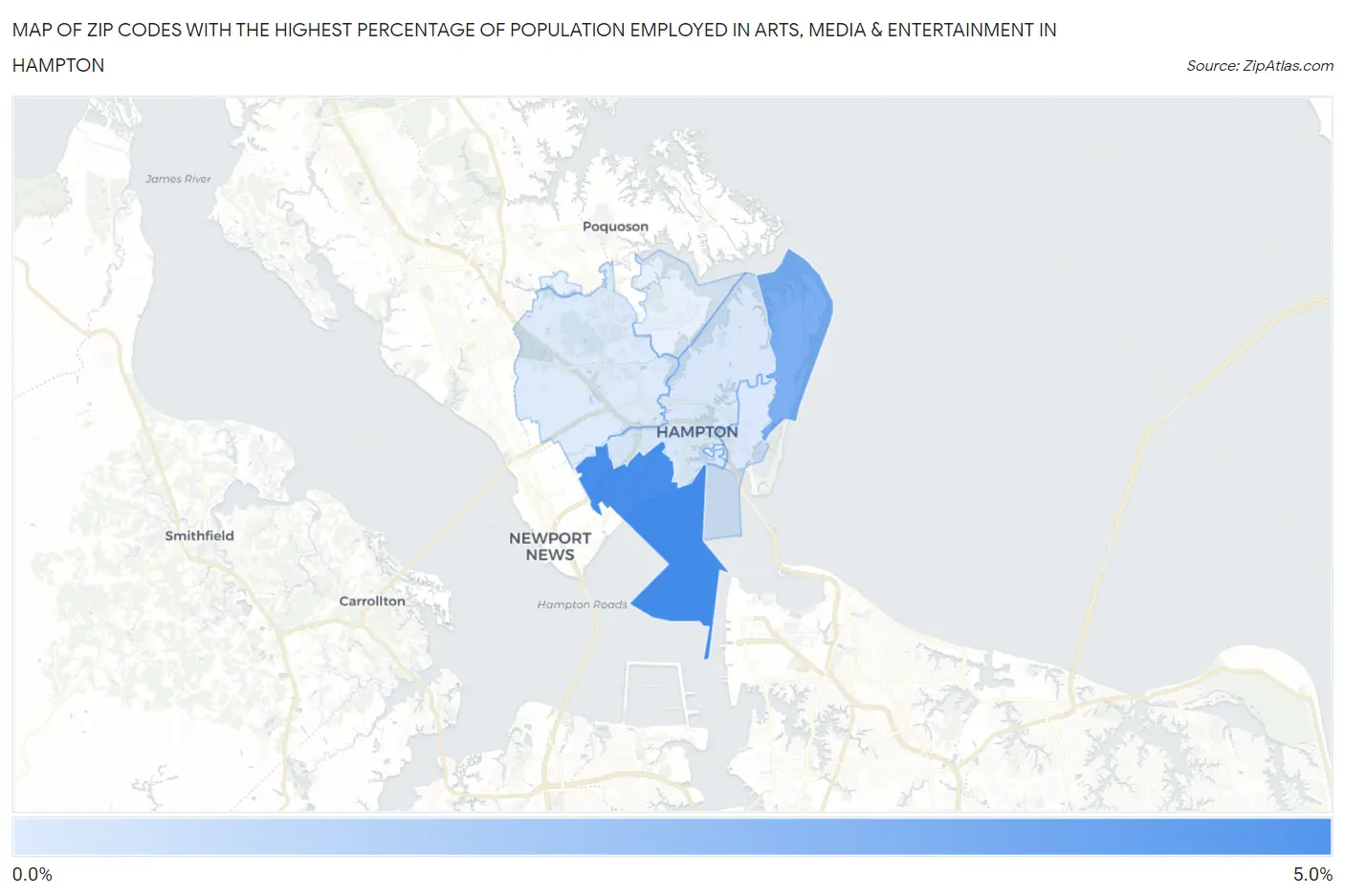 Zip Codes with the Highest Percentage of Population Employed in Arts, Media & Entertainment in Hampton Map