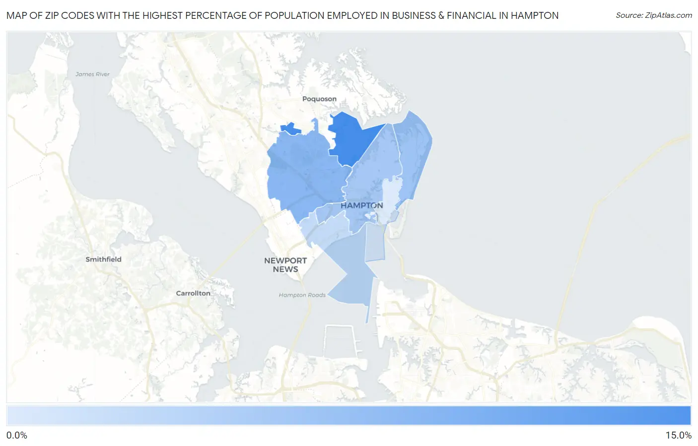 Zip Codes with the Highest Percentage of Population Employed in Business & Financial in Hampton Map
