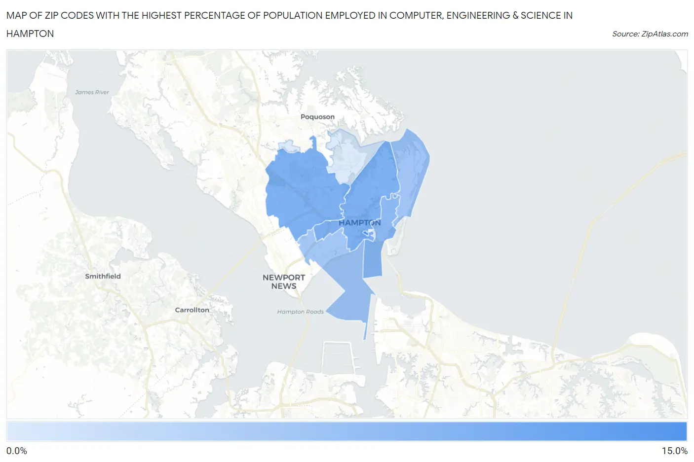 Zip Codes with the Highest Percentage of Population Employed in Computer, Engineering & Science in Hampton Map