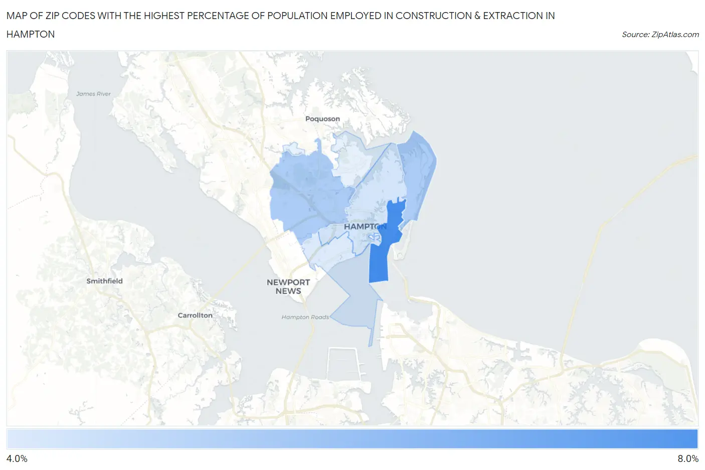 Zip Codes with the Highest Percentage of Population Employed in Construction & Extraction in Hampton Map