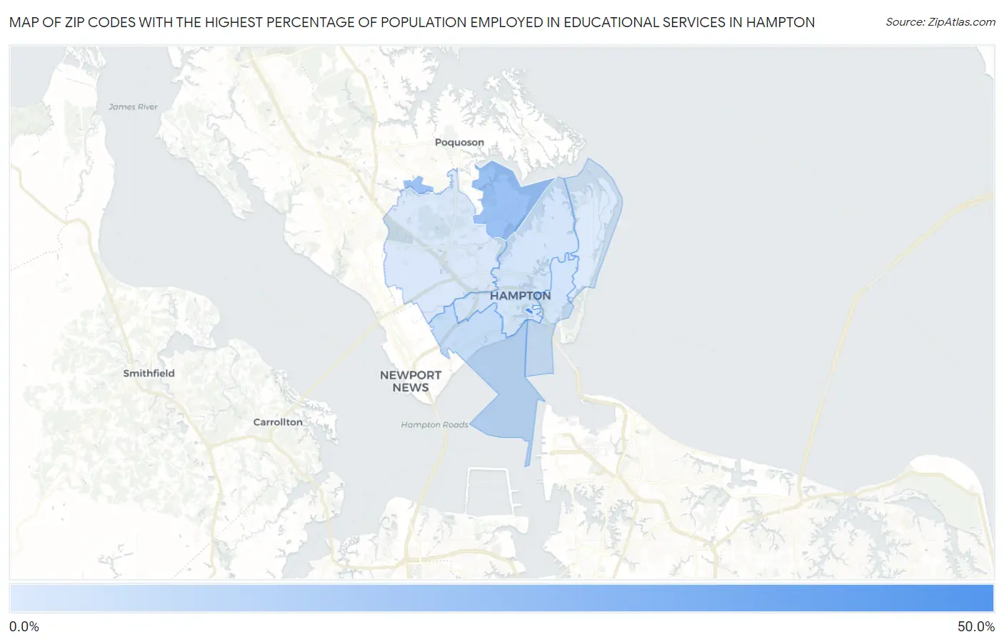 Zip Codes with the Highest Percentage of Population Employed in Educational Services in Hampton Map