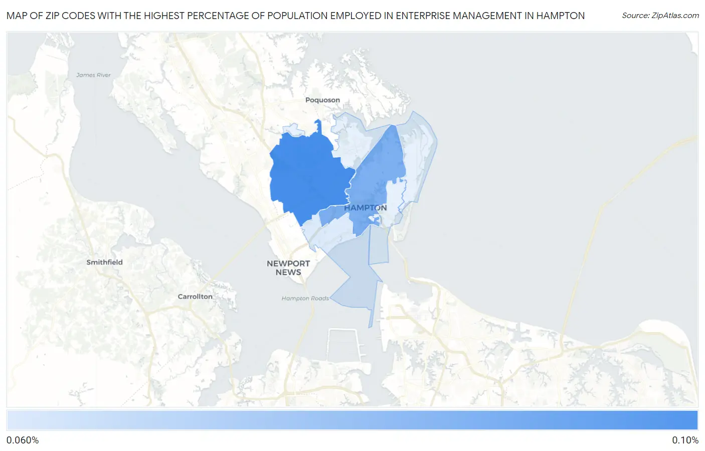Zip Codes with the Highest Percentage of Population Employed in Enterprise Management in Hampton Map