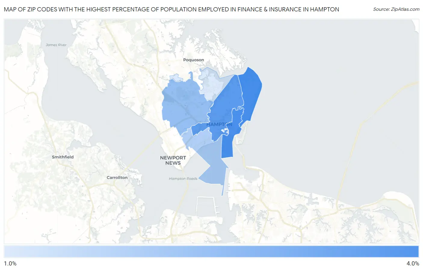 Zip Codes with the Highest Percentage of Population Employed in Finance & Insurance in Hampton Map