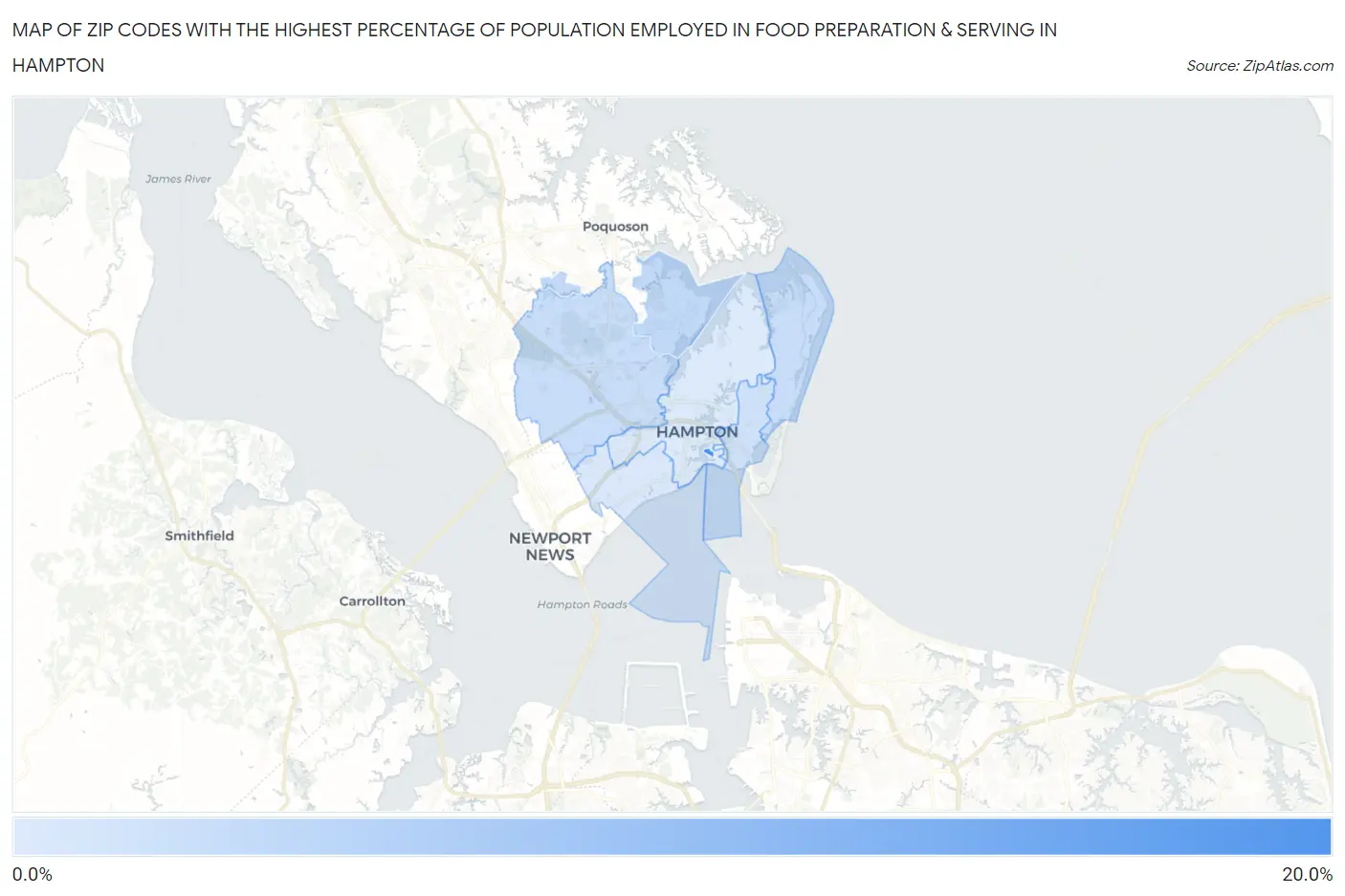 Zip Codes with the Highest Percentage of Population Employed in Food Preparation & Serving in Hampton Map