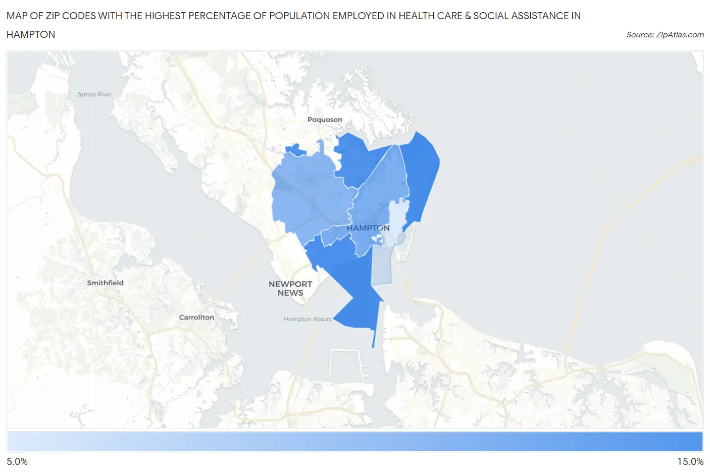 Zip Codes with the Highest Percentage of Population Employed in Health Care & Social Assistance in Hampton Map