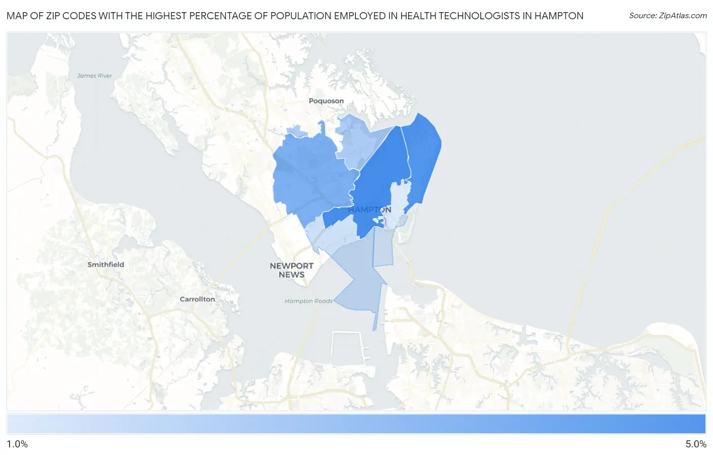 Zip Codes with the Highest Percentage of Population Employed in Health Technologists in Hampton Map