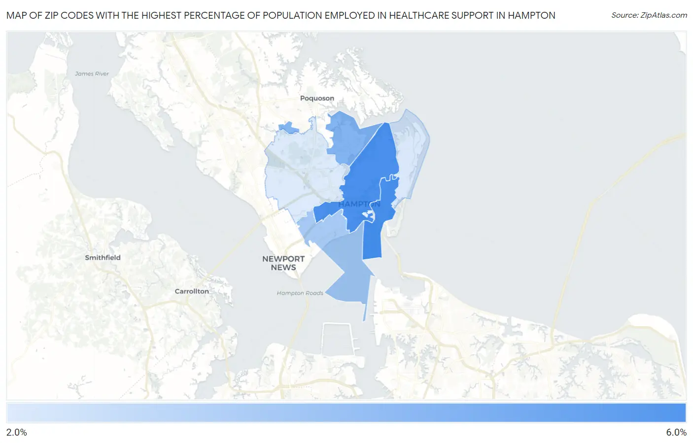 Zip Codes with the Highest Percentage of Population Employed in Healthcare Support in Hampton Map