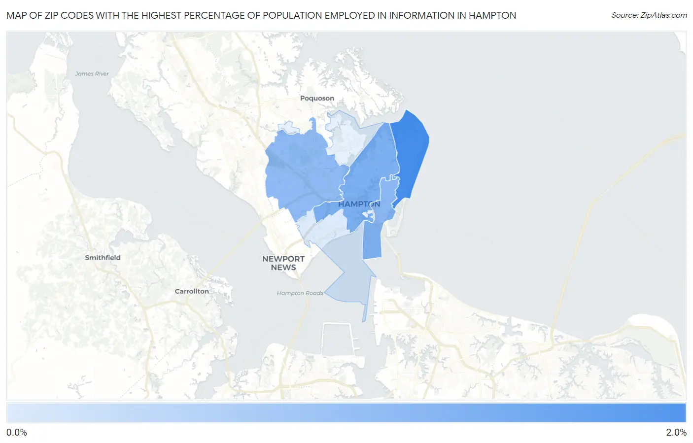 Zip Codes with the Highest Percentage of Population Employed in Information in Hampton Map