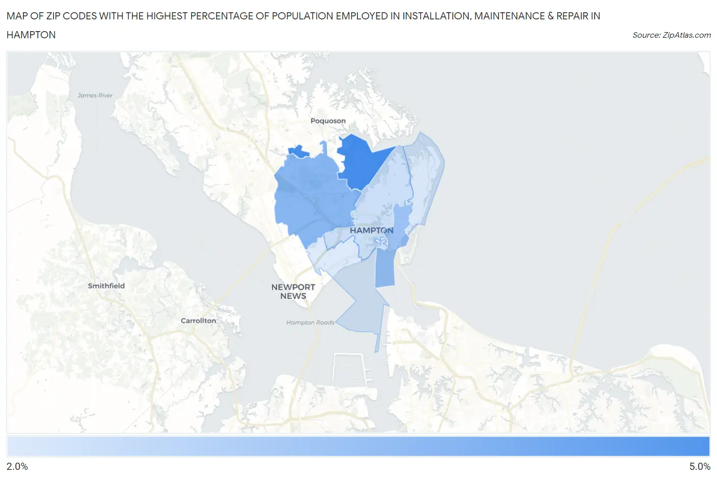 Zip Codes with the Highest Percentage of Population Employed in Installation, Maintenance & Repair in Hampton Map