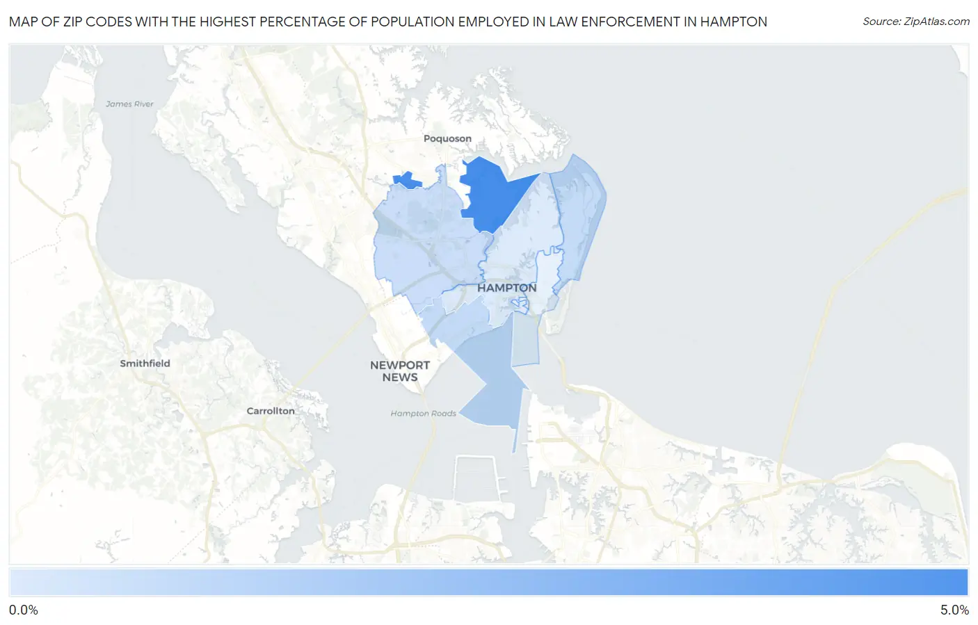 Zip Codes with the Highest Percentage of Population Employed in Law Enforcement in Hampton Map