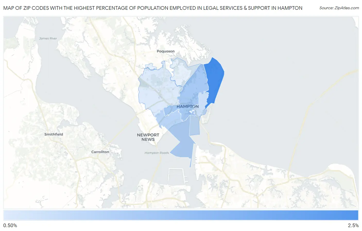 Zip Codes with the Highest Percentage of Population Employed in Legal Services & Support in Hampton Map